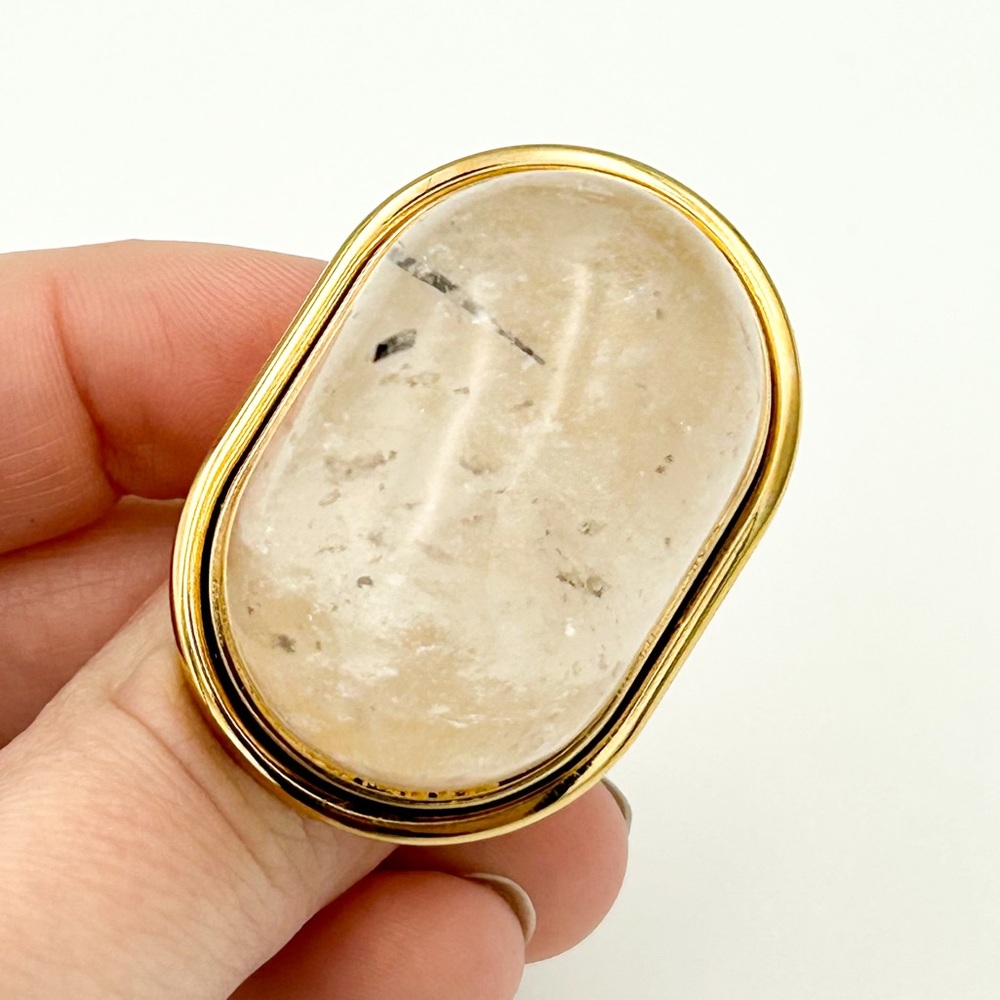 Saint Laurent Oversized Rutilated Quartz Cocktail Ring US 6 Gold Tone